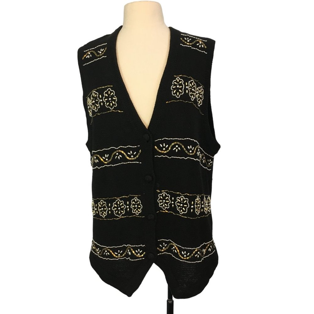 Victoria Jones Black Gold Silver Beaded Sweater Vest, Ugly Christmas,‎ sz Large